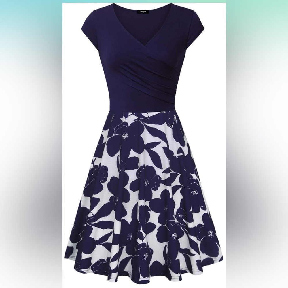Lotusmile Women’s Dress Navy Blue Floral A Line Cap Sleeve V Neck Small